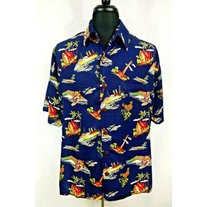 Mango Moon Mens Large Hawaiian Cruise Surf Camp Short Sleeve Shirt BlueRayon